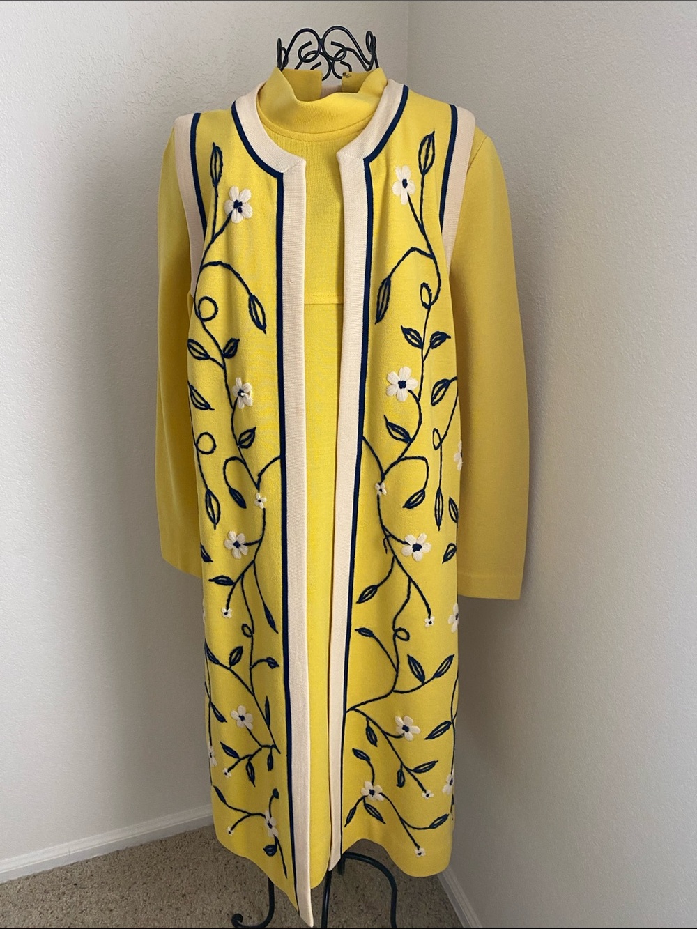 Vintage Puccini Yellow Floral Embroidered Vest & Long Sleeve Dress
